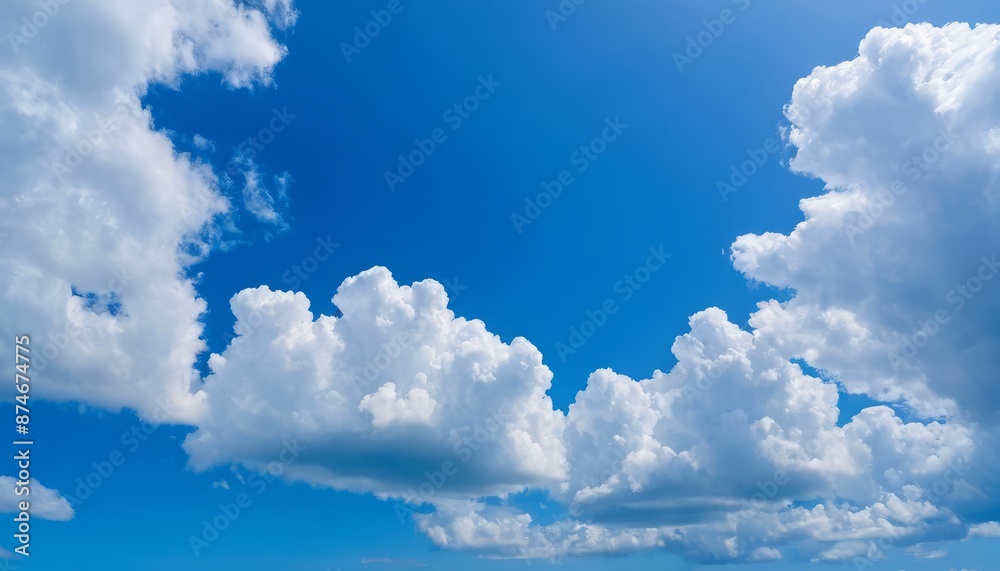 Obraz premium Bright blue sky with white lush clouds. natural landscape, ideal for illustrating atmospheric phenomena and the beauty of nature, background, calendars, weather