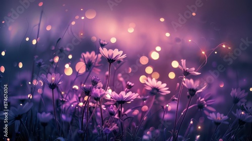 wildflower field at night with magical lights fantastical atmosphere dark purple sky with bokeh lights dreamy and enchanting