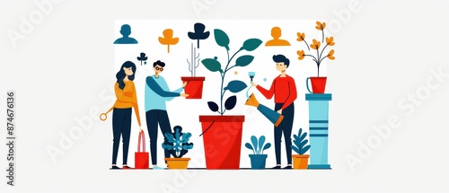 Illustration of teamwork in gardening with people planting and watering plants in pots, promoting growth and collaboration.