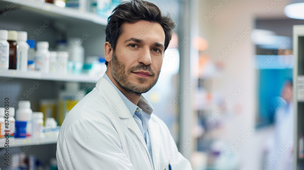 Fototapeta premium portrait of a pharmacist standing in a pharmacy store 