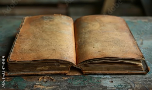 A single leatherbound journal open to a blank page, under a soft, focused light