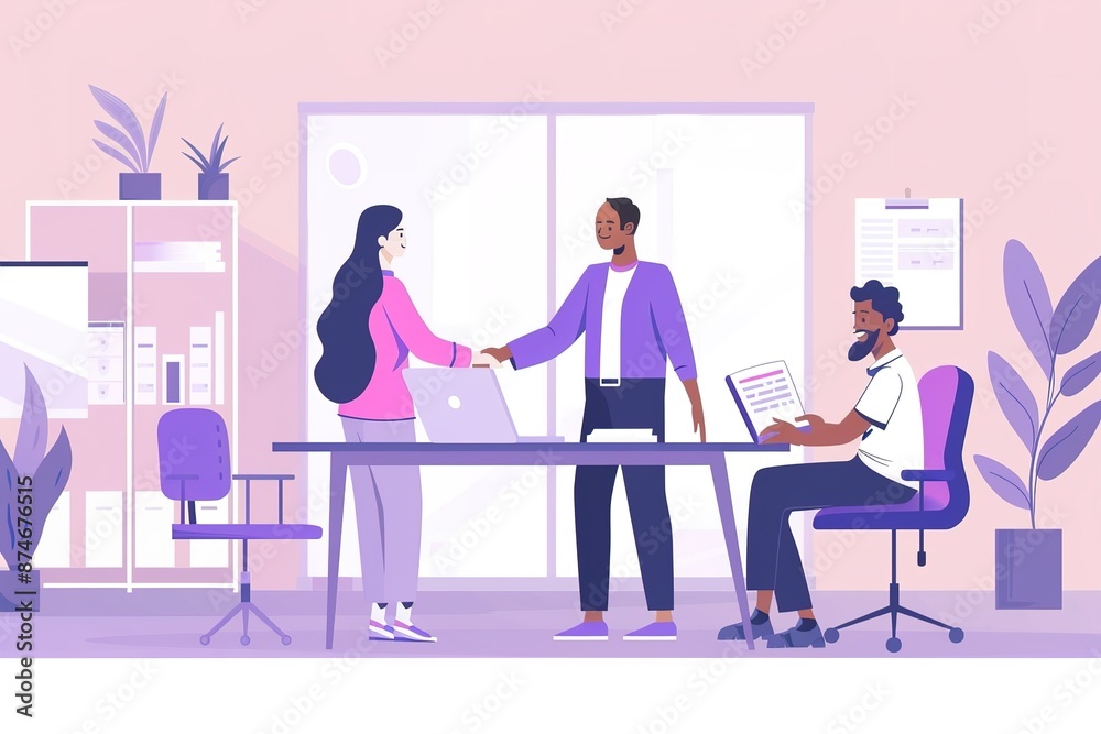 A flat vector illustration shows two people shaking hands over an office desk. One is a white woman with long hair wearing a pink and purple outfit. A flat vector illustration shows two people shaking hands over an office desk. One is a white woman with long hair wearing a pink and purple outfit.