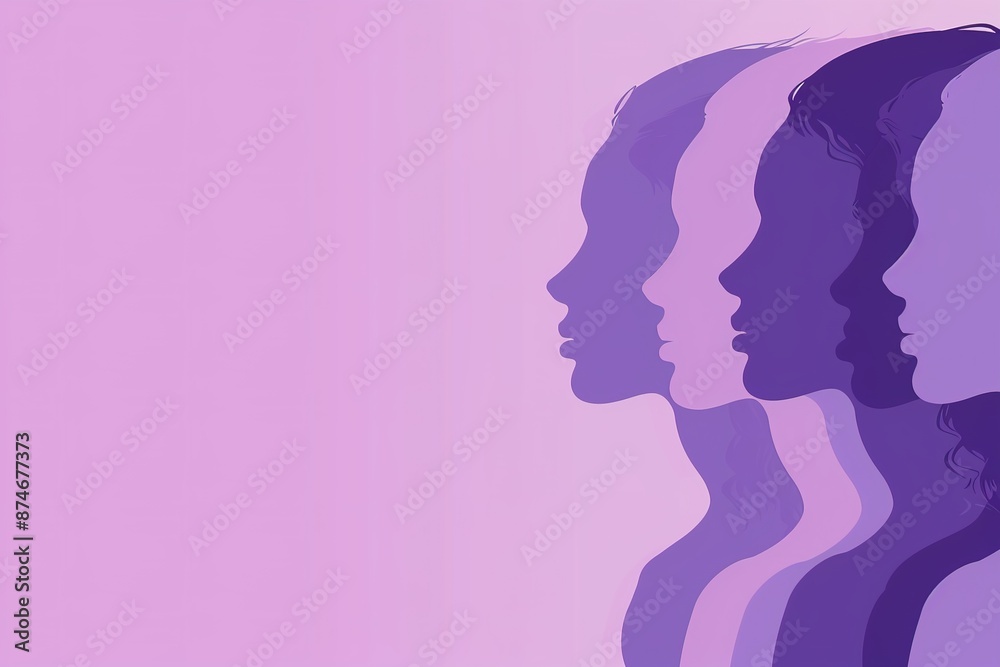 purple banner with silhouettes of women's heads in profile, representing International Women's Day on March 8th. purple banner with silhouettes of women's heads in profile, representing International Women's Day on March 8th.