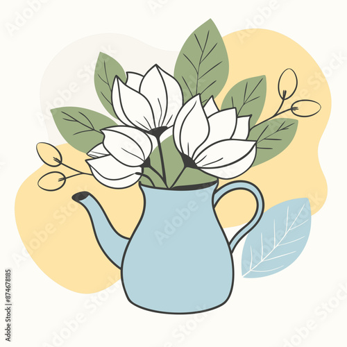 magnolia flowers with leaves in a teapot vector