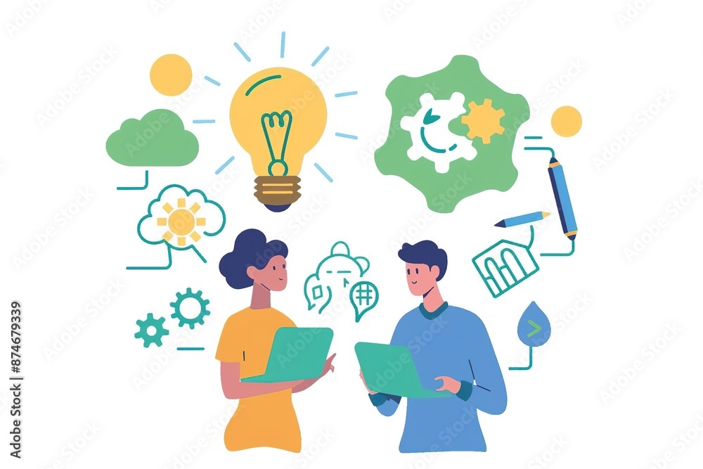 vector illustration of two people talking and holding laptops, the person on the right is wearing a blue vector illustration of two people talking and holding laptops, the person on the right is wearing a blue