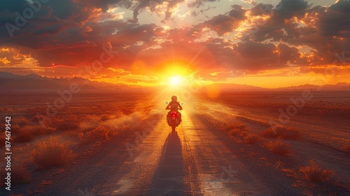Motorcyclist Riding into the Sunset - Generative AI photo