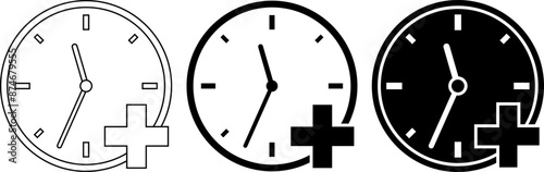 outline silhouette clock plus overtime icon set