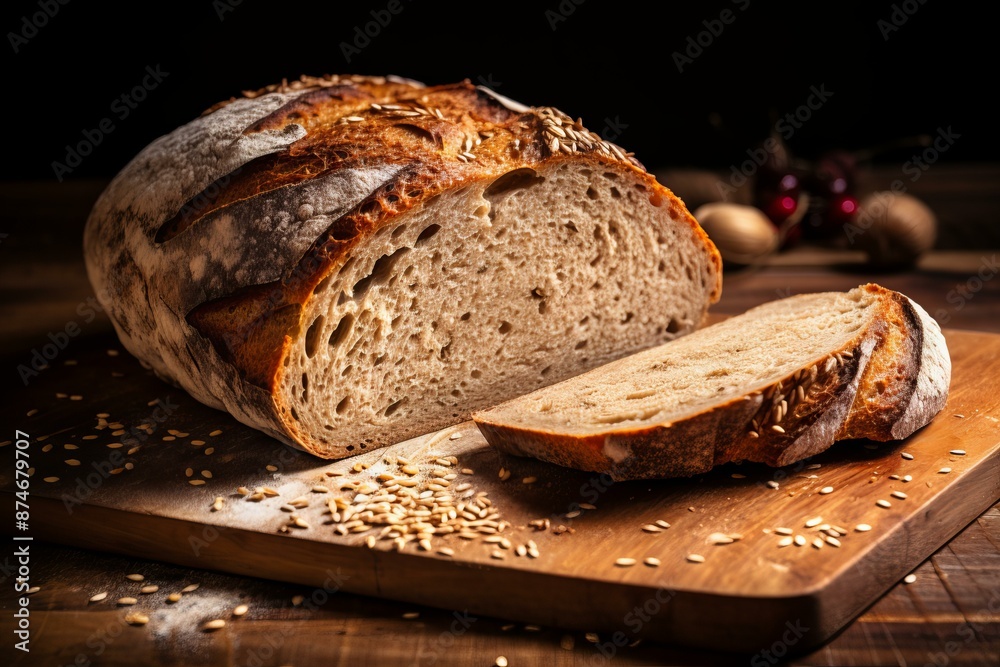 Freshly baked artisan bread with a crisp crust, sliced on a rustic wooden board with scattered seeds