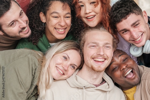 Selfie photo of a diverse happy friends group. Portrait of family. Friendship concept. 