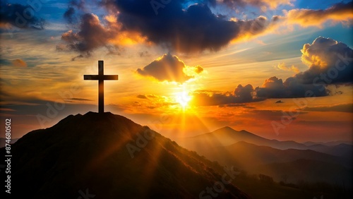 Silhouette of christian cross on mountain hill background. Copy space. Faith symbol. Church worship, salvation concept. Faith symbol in Jesus Christ. Holy cross for Easter day. Christianity