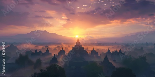 Majestic sunrise over ancient Buddhist temples in the mist