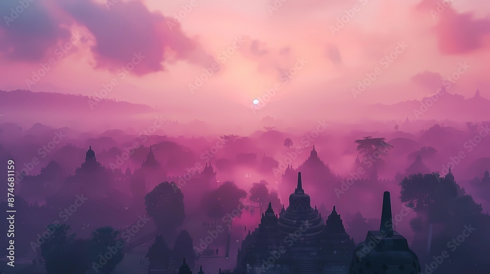 Obraz premium A breathtaking aerial view of ancient temples shrouded in mist at sunrise, bathed in a pink and purple glow