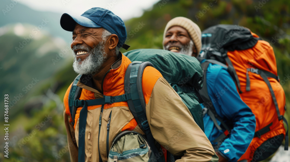 Two black men with heavy backpacks are climbing a mountain. A couple of elderly homosexuals in nature. They seem to be enjoying the time and the beautiful scenery