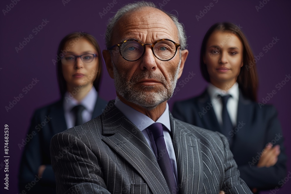 Confident Middle-Aged Businessman in Gray Suit against Purple Background Confident Middle-Aged Businessman in Gray Suit against Purple Background