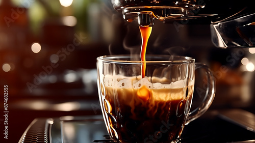 Barista pouring coffee into cup on counter in cafe, closeup