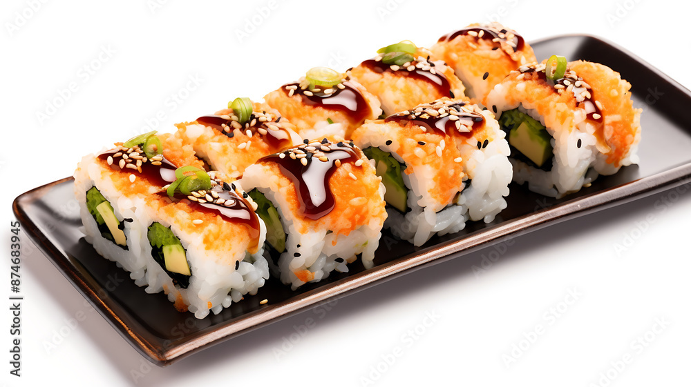Sushi rolls on a black plate with wasabi and soy sauce