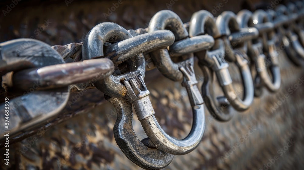 A side angle of a towing harness revealing a series of thick interlocking metal loops with a heavyduty hook at each end. A side angle of a towing harness revealing a series of thick interlocking metal loops with a heavyduty hook at each end.
