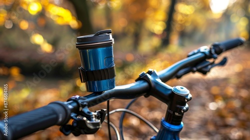 A compact cup holder attached to a bicycle handlebar featuring a clip mount and a rubberized coating for a nonslip hold.