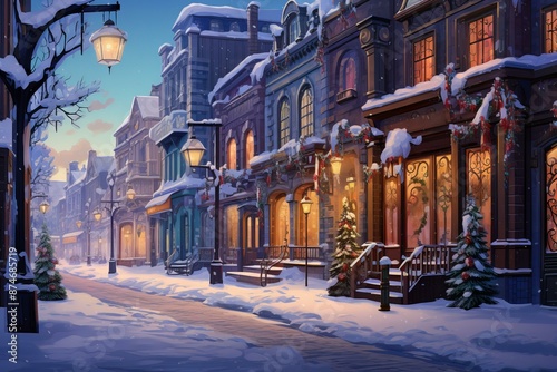 Magical winter scene depicting a victorian street blanketed in snow during evening