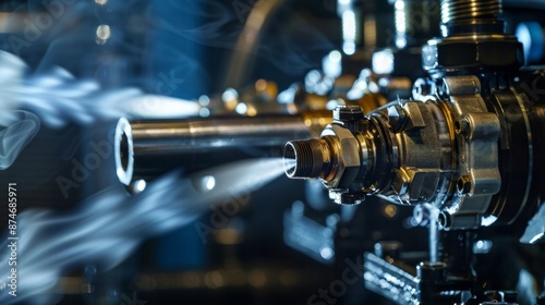 An image of a fuel injector in action capturing the splitsecond burst of fuel as it is sprayed into the engine. photo