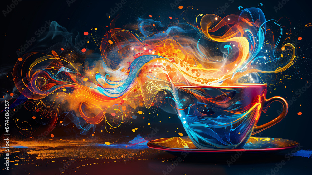 Futuristic coffee cup with colorful abstract steam swirl isolated on black background Futuristic coffee cup with colorful abstract steam swirl isolated on black background