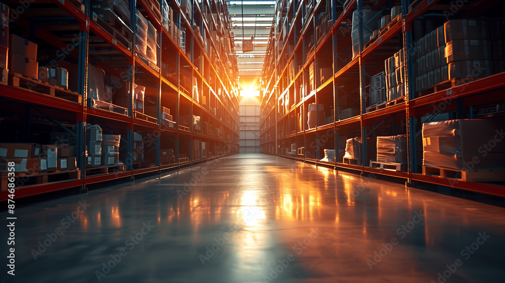 Obraz premium Spacious warehouse aisle with shelves containing various products at sunset.
