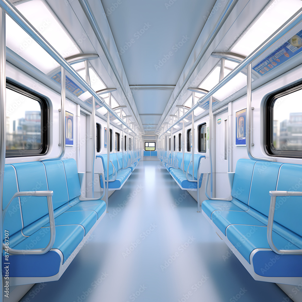 Obraz premium Interior of a modern train with blue seats.