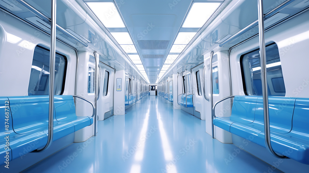 Obraz premium Interior of a modern train with blue seats.