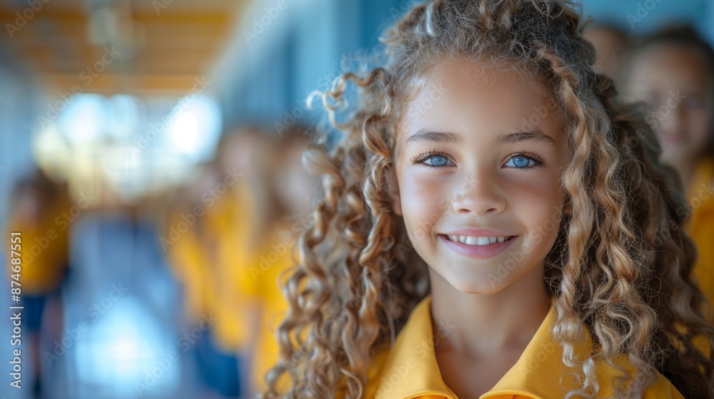 Fototapeta premium Smiling Schoolgirl with Curly Hair and Blue Eyes - Generative AI