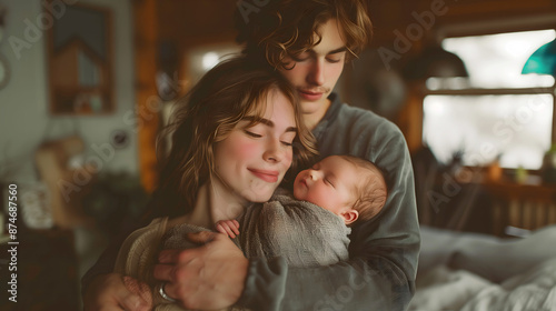 A loving, caring family with a small child smiles at each other.