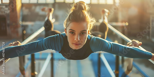 Female Gymnast Performing on Parallel Bars with Intense Focus in Sunlit Gym
 ,Dedicated Gymnast Practicing on Parallel Bars in Well-Lit Training Facility
