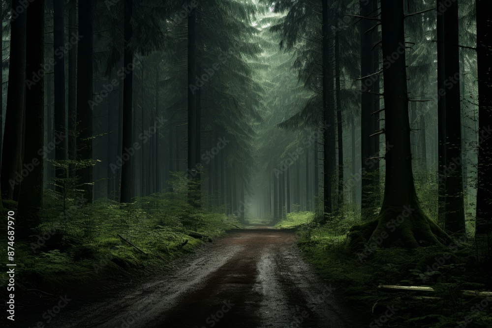 Obraz premium Serene, mystical forest path shrouded in fog with towering trees and lush undergrowth
