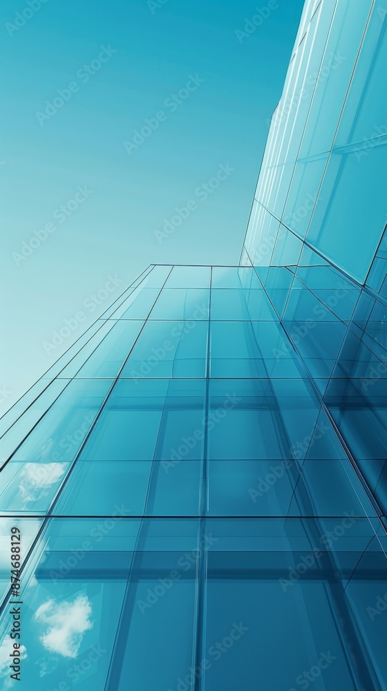 Obraz premium Sky Blue Hue Minimalistic Glass architecture in a Modern Atmosphere, future smart office, business concept, Graphic Resources, Wallpapers, Brochure, Websites, banner design, Advertising, background