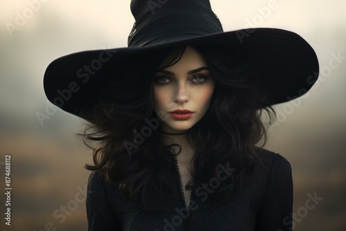 Portrait of a young woman with mesmerizing eyes, wearing an elegant black hat, set against a foggy backdrop