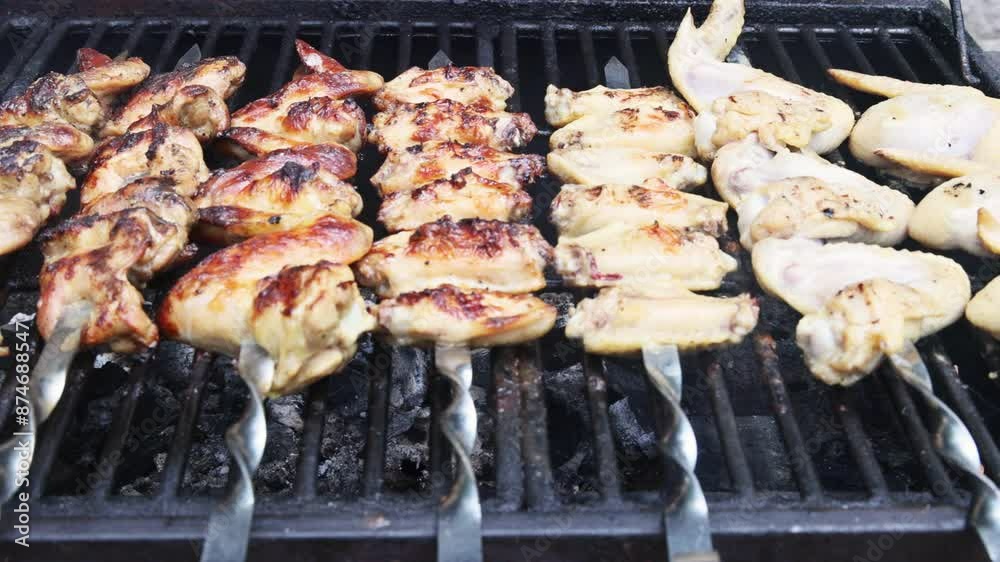 Charcoal barbecue grill is used to grill chicken wings in American cuisine Charcoal barbecue grill is used to grill chicken wings in American cuisine