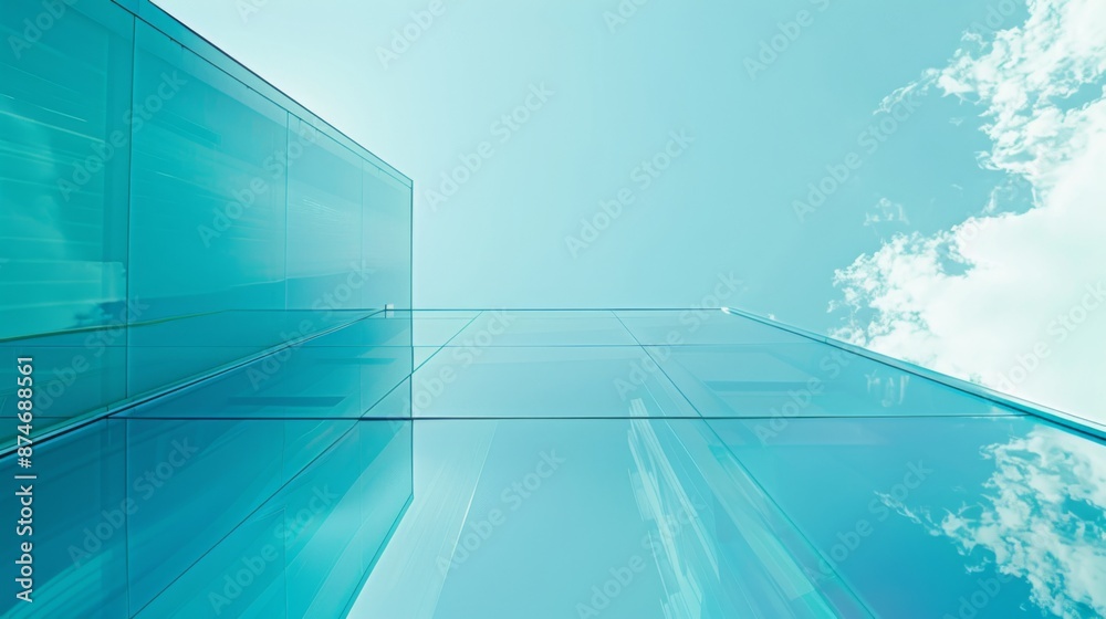 Obraz premium Sky Blue Hue Minimalistic Glass architecture in a Modern Atmosphere, future smart office, business concept, Graphic Resources, Wallpapers, Brochure, Websites, banner design, Advertising, background