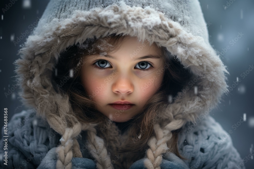 Close-up of a child with intense gaze wearing a hooded winter coat during a gentle snowfall Close-up of a child with intense gaze wearing a hooded winter coat during a gentle snowfall