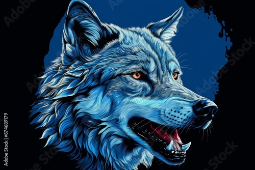 Striking digital illustration of a blue wolf with intense orange eyes against a dark background