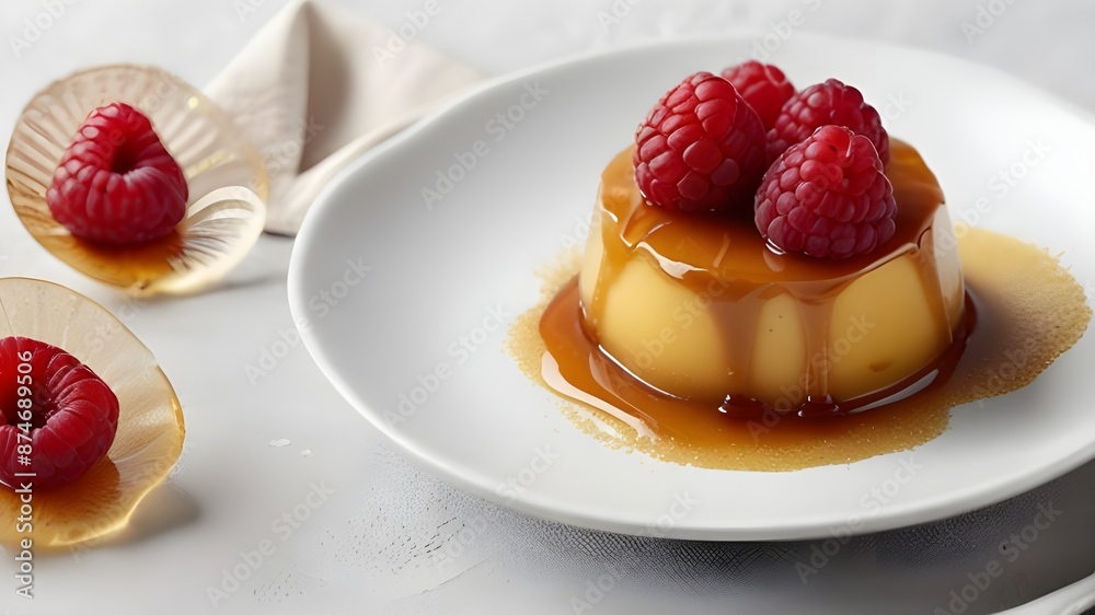 Delicious pudding with caramel and raspberries on white plate and table Delicious pudding with caramel and raspberries on white plate and table