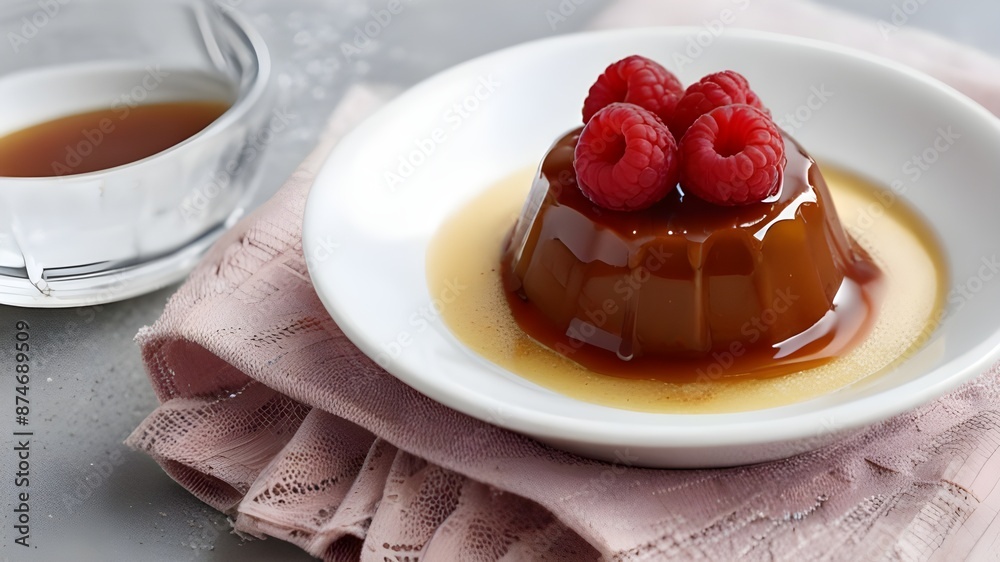 Delicious pudding with caramel and raspberries on white plate and table Delicious pudding with caramel and raspberries on white plate and table