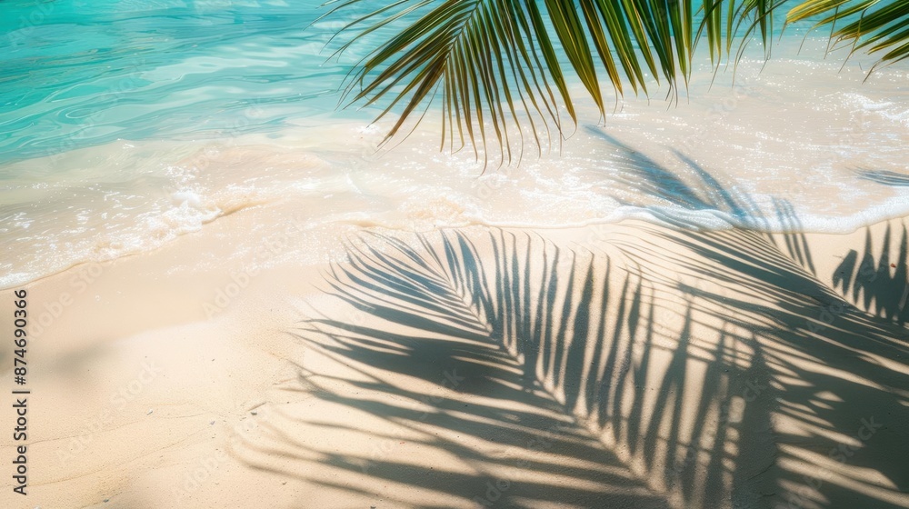 Sunny beach scene with golden sand, a palm leaf casting a shadow, and a sparkling turquoise sea Perfect for promoting tropical vacations and relaxation, with ample copy space Sunny beach scene with golden sand, a palm leaf casting a shadow, and a sparkling turquoise sea Perfect for promoting tropical vacations and relaxation, with ample copy space