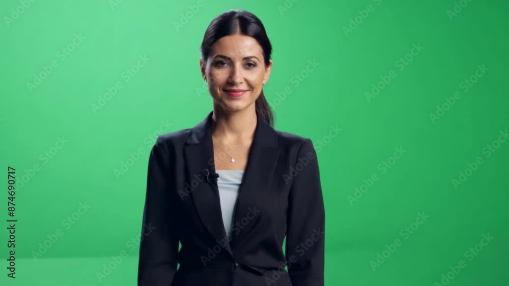 Female teacher takes a video on the green background of the studio Female teacher takes a video on the green background of the studio