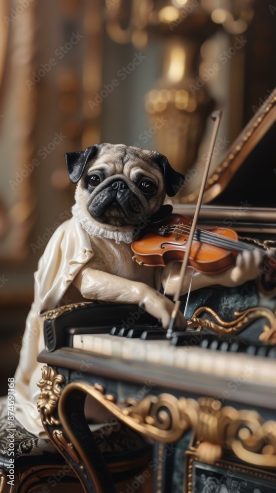 A pug dog sitting on a piano playing the violin. AI. A pug dog sitting on a piano playing the violin. AI.