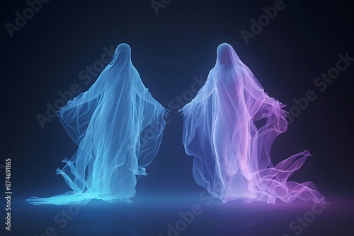 Wallpaper Mural Two ethereal figures in flowing blue and purple veils stand in a mysterious, dimly-lit environment. Torontodigital.ca