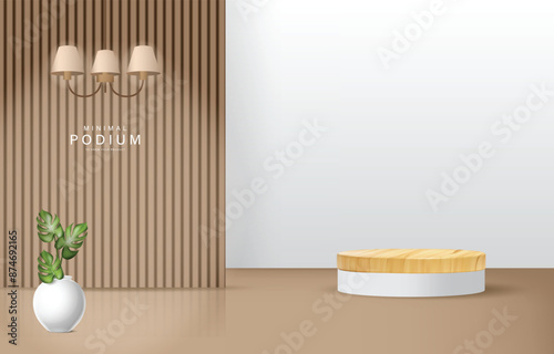 Minimalist Wooden Podium With White Background and Brown Slatted Walls