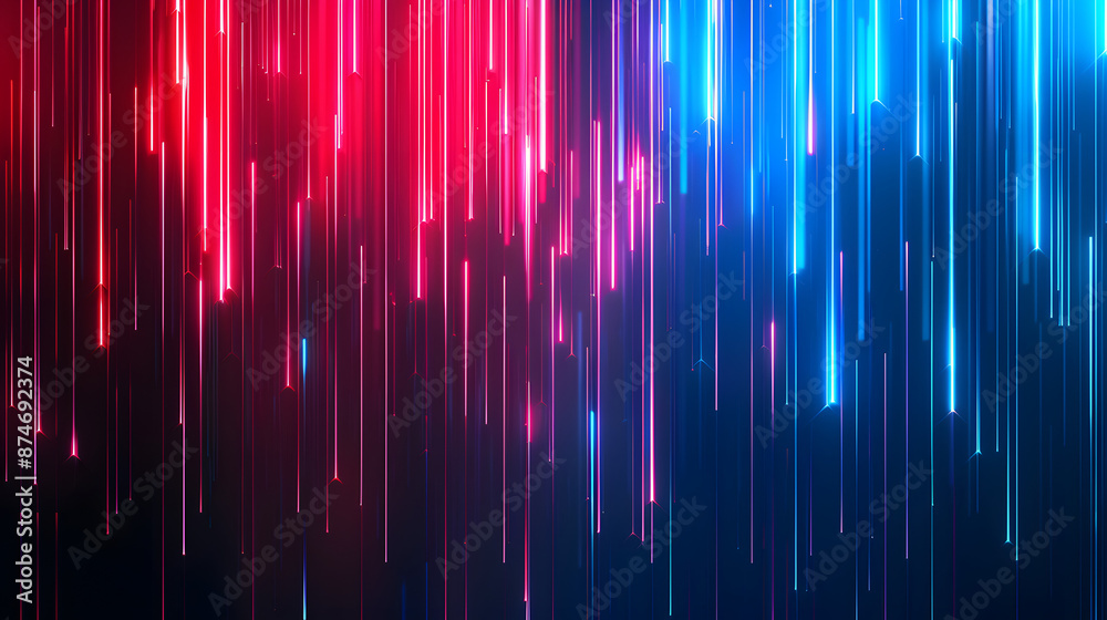 Dark blue and red color backdrop illuminated by neon light lines and glowing vertical streaks in an abstract design. Dark blue and red color backdrop illuminated by neon light lines and glowing vertical streaks in an abstract design.