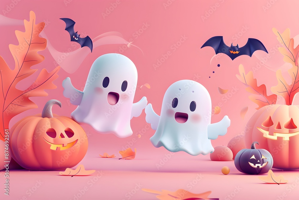 Cute ghosts and pumpkins with bats and autumn leaves on pink background in playful Halloween scene Cute ghosts and pumpkins with bats and autumn leaves on pink background in playful Halloween scene