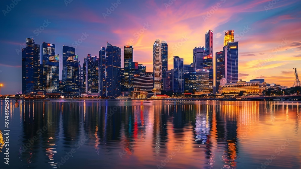 Obraz premium A chic urban background featuring a city skyline at dusk, providing a modern and sophisticated atmosphere.