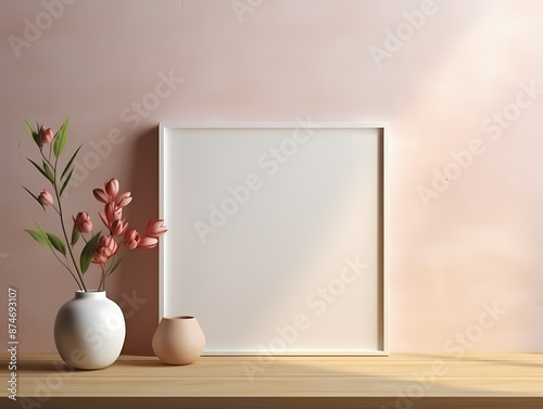 Elegant minimalist decor with a blank white frame and ceramic vases on a wooden surface.