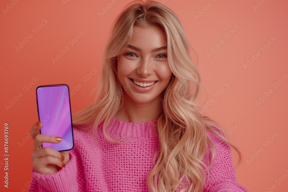 Tech-Savvy Woman Pointing at Neon Smartphone Tech-Savvy Woman Pointing at Neon Smartphone